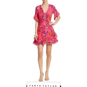Tanya Taylor Silk Floral Ruffle Mini Dress Pink Orange Boho Party Wedding Guest